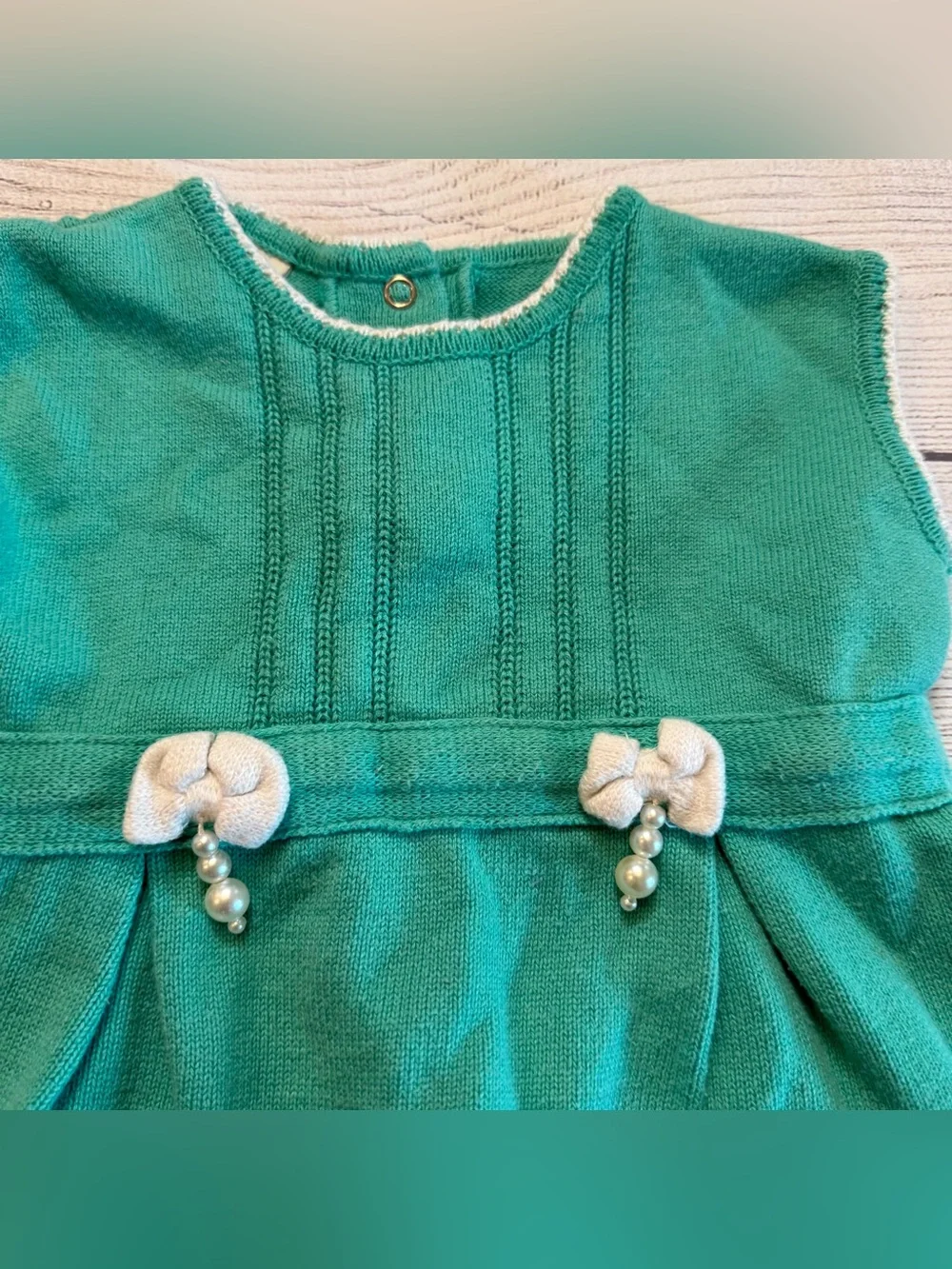 Girls' Emerald Knit Dress with Ivory Trim and Bow Accents